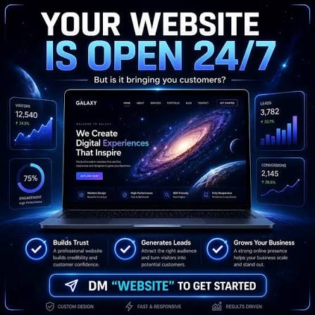 🌐 Your website works even when you're sleeping. A professional website  helps you build trust, attract customers, and grow your business 24/7. Need  a modern website for your business? 📩 DM me "