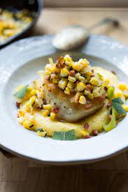 Halibut With Fresh Corn Leeks Pancetta Sage Over Creamy Polenta Recipe Recipes Seafood Recipes Fish Recipes