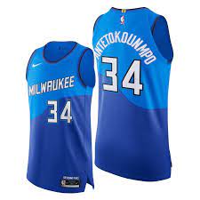 Nba milwaukee bucks poly sleeveless shooting jersey #68 black men's xl. Giannis Antetokounmpo Milwaukee Bucks 2020 21 Authentic City Edition 34 Blue Jersey Player