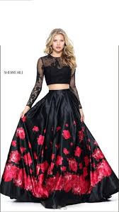 Sherri Hill 00 Long 2 Piece Prom Formal Dress Black W Red Roses Long Sleeved Fashion Clo Sherri Hill Prom Dresses Floral Prom Dresses Printed Prom Dresses