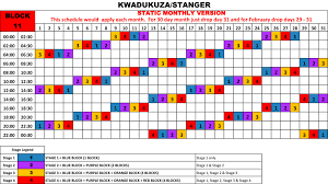 The load shedding schedule for your area can be found via the following websites www.loadshedding.eskom.co.za. Load Shedding North Coast Courier