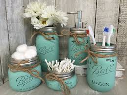 Mason Jar Bathroom Vanity Set Set Of 5 Jars Seaglass Painted Mason Jars Rustic Bathroom Decor Mason Jar Bathroom Farmhouse Bathroom Decor