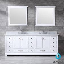 Minimalistic floating vanity with double vessel sink. Lexora Dukes 84 White Double Bath Vanity White Carrera Marble Top