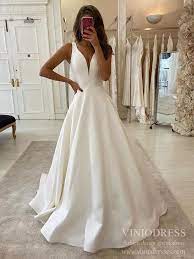 Minimalist A Line Deep V Neck Wedding Dresses Satin Bridal Dress Vw1551 Dream Wedding Dresses Backless Bridal Gowns V Neck Wedding Dress