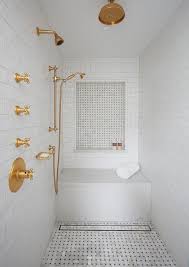 Fresh Shower Design Fitted With White Glazed Tiles Accented With Marble Basketweave Floors And Shower Remodel Basketweave Tile Bathroom Bathroom Remodel Shower