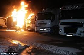 Neil lake, from barry, told bbc radio wales that as drivers queued, migrants trying to reach britain illegally were trying to climb into lorries. Scab Driver Burned In His Lorry As European Protests Against High Fuel Prices Turn Violent Daily Mail Online