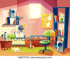 Big empty living room with big windows going to the garden and entrance with big stairs. Home Bedroom Design Cartoon