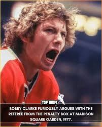 In March 1977, during a game at Madison Square Garden between the  Philadelphia Flyers and the New York Rangers, Flyers' captain Bobby Clarke  was involved in a notable incident where he was
