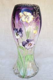 Circa 1910 Antique Enameled Mont Joye Vase With Pansy Motif Art Glass Vase Art Stained Vase