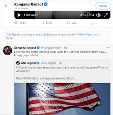 India has accused foreign individuals and celebrities of sensationalism after a tweet by pop superstar rihanna, extending support to protesting farmers, drew global attention. Kangana Ranaut Twitter Shows Kangana Ranaut The Rulebook Knocks Off Some Posts For Violation The Economic Times