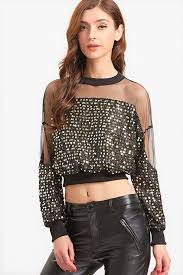 Black And Gold Crop Top Atomic Glitter Sequined Long Sleeve Crop Top Sheer Sweatshirt Crop Top Sweatshirt Crop Tops Women