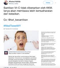 Apa yang pasti golongan ini lebih memikirkan kulit yang cantik berbanding dengan risiko suntikan vitamin c kepada tubuh badan mereka. Suntikan Vitamin C Yang Diluluskan Kkm