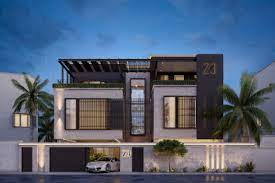 Two floors villa exterior design with biophilic elements, entrance pathway and landscape. Modern Villa Design Tag