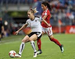 Virginia Kirchberger 13 Of Austria Holds Off Pressure From Nadia Nadim 9 Right Of Denmark During The Uefa Women S Euro 2017 Semi Fin Semi Final Women Match