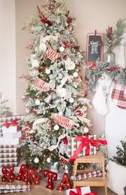 Christmas Tree Flocked Treet Red And White Ornaments Farmhouse Style Rustic Style Classic Christmas Tree Cool Christmas Trees Christmas Tree Design