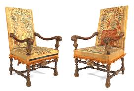 Antique aubusson tapestry fragment chair back cover. English Renaissance Walnut Tapestry Chairs