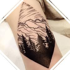 Black And Grey Linework And Dotwork Tattoo Custom Black And Grey Mountain Linework Tattoo Forest Tattoos Trendy Tattoos Tattoos