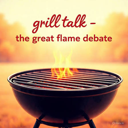 Charcoal grill glowing red with intense heat next to a modern gas grill