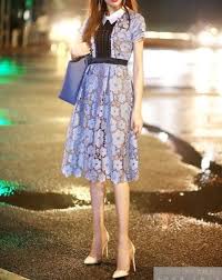 甘い丸花レースの襟付きミモレ丈半袖ワンピース 韓国プチプラパーティードレス通販 tenderly dress 結婚式二次会お呼ばれ ワンピース ドレス ミモレ丈 ワンピース
