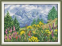 Flower cross stitch pattern pdf instant download сornflower cross stitch summer cross stitch meadow cross stitch nature cross stitch blue let's cross stitch more words counted cross stitch pattern by ursula michael to download and print online. Joy Sunday Flowers And Distant Mountain In Nature Cross Stitch Pattern Kits Handcraft Make Embroidery With Chart Package Aliexpress