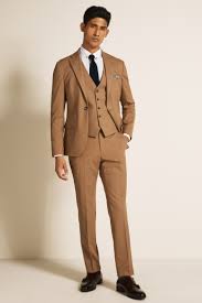 What colour shirt to wear with a navy suit? Moss London Slim Fit Camel Suit