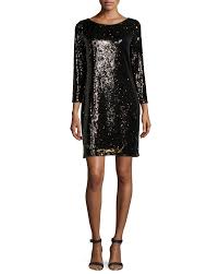 Halston Heritage Long Sleeve Embellished Shift Dress Gunmetal Bronze Black Long Sleeve Dress Dresses Sequin Cocktail Dress