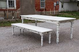 This beautiful chestnut farmhouse table was made with custom legs (5' funky chunky), with a matching bench. White Farmhouse Dining Table Bench With Distressed Legs Hazel Oak Farms