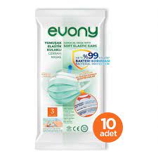 Evony Yumusak Elastik Kulakli 3 Katli Cerrahi Maske 10 Adet