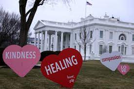 Jill biden offer message of hope for valentine's day with heart cutouts on white house lawn. See How The Bidens Decorated The White House For Valentine S Day