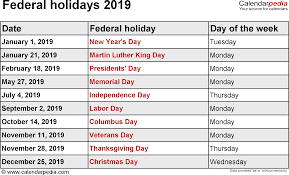 Federal Holidays 2019