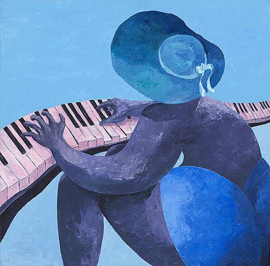 Ilustração em tons de azul mostrando uma pessoa vista de costas tocando um piano de teclas curvas. A figura usa um chapéu grande de aba larga e está sentada em um banco azul. O corpo apresenta formas arredondadas e estilizadas, características da arte moderna. O fundo é azul-claro, destacando a pianista e o instrumento. A cena transmite a ideia de concentração, movimento e expressão musical.