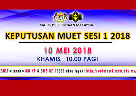 Semakan status juga boleh dibuat melalui sistem pesanan ringkas (sms) dengan menaip muet>jarak<info<jarak<no kad pengenalan dan hantar ke 15888. Keputusan Muet Sesi 1 Akan Diumumkan Pada 10 Mei 2018