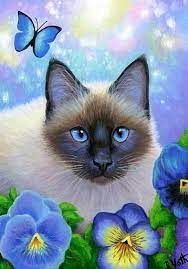 Aceo Original Siamese Cat Pansy Flower Summer Garden Painting Art Cat Painting Cat Art Cat Artwork