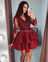 Tiered Ruffles Burgundy Satin Short Prom Dresses 2019 Modest Sheer Long Prom Dresses Long With Sleeves Prom Dresses With Sleeves Long Sleeve Homecoming Dresses