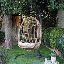 Amazon Com Boho Chic Natural Light Brown Brown Wicker Hanging Egg Chair With Stand And Cushion Outdoor Patio Hanging Egg Chair Swinging Chair Egg Swing Chair