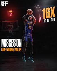 LeBron has missed 16 straight potential go-ahead or game-tying 3's in the  final 30 seconds of a game 😬 His last make was February 2021 😳 (via ESPN)