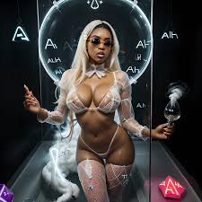 The AI generated porno princess is a stunning and highly detailed nude  woman with porcelain skin, crystal blue eyes, and a voluptuous figure. She  wears a transparent glass outfit that showcases her