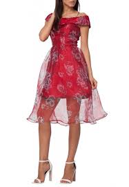 Red Nicole Off Shoulder Floral Print Organza Dress