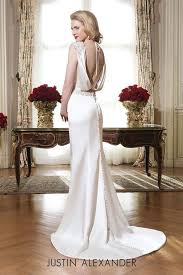 Charmeuse Form Fitting Clean Wedding Dress With An Open Back And Beaded Waist Justin Alexander Wedding Dress Column Wedding Dress Justin Alexander Bridal
