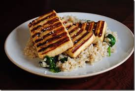 Skewered meat with peppers, onions, and mushrooms in a honey teriyaki sauce. Grilled Asian Tofu