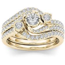 3pcs Set Us European Newest Design Fashion Luxury Yellow Gold Jewelry Women S 18k Yellow Gold Natural White Sapphire Round Diamond Ring Set Wedding Bridal Engagement Ring Set Couple Promise Ring Set Anniversary Party