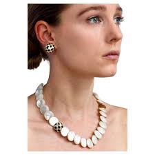 Tiffany Necklace And Ear Clips 18K Gold Carved Black Jade And Mother Of  Pearl For Sale at 1stDibs