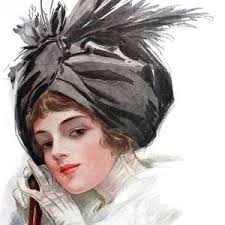 Harrison Fisher Girl in BLACK TURBAN W Long FEATHERS Cane White Gloves  Professionally Matted Antique Fashion Print Ready to Frame Wall Art