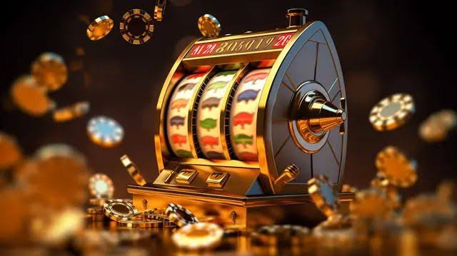 Realistic 3d Slot Machine With Flying Chips And Dice In Online Casino On A Gold Background, Slot, Casino Slot, Slot Game Background Image And Wallpaper for Free Download