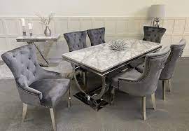 Sparkly 2 door mirrored hallway cabinet crushed diamond side board for living room. Schwarze Furniture Arianna Grey Marble Mirrored Dining Table And 6 Carlton Chairs Set Buy Online In France At Desertcart Fr Productid 172722530