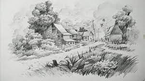 Antique french pencil drawings, landscape, houses & bridge, foliage study, 1893. How To Draw A Landscape With Pencil Art Youtube