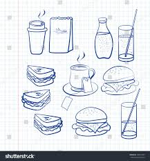 Hand Drawn Outlines Of A Variety Of Food And Beverages On White Square Ruled Paper Including Coffee Tea Soda Ad Variety Food How To Draw Hands Ruled Paper