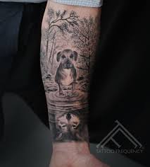 Black And Grey Dog Tattoo Lovely Black And Gray Dog In Puddle And Wolf In Reflection Artist Janis Andersons Dog Wolf Dogtattoo Dog Tattoos Reflection Tattoo Black And Grey Tattoos