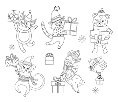 Free, printable coloring pages for adults that are not only fun but extremely relaxing. Cute Black And White Vector Animals In Hats Scarves And Sweaters With Presents And Snowflakes Winter Set Of With Gifts Funny Christmas Coloring Page New Year Print With Smiling Character 3758439 Vector