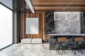An arco marble floor lamp provides reading light over the sofa. Comfortable Bar With Stools And White Sofa Standing In Modern Living Room With Black Marble Walls And Marble Floor 3d Rendering 399012190 Larastock